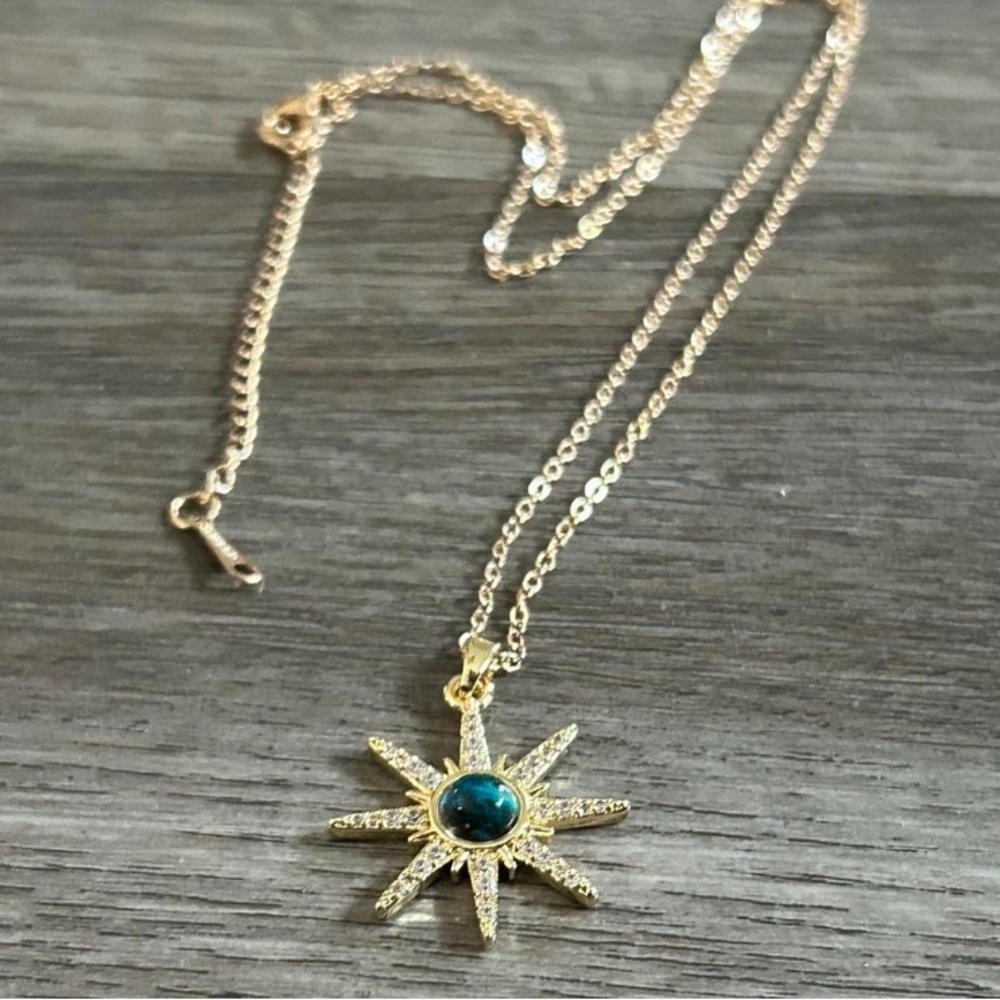 Starburst Crescent Star Moon Cubic Opalite Zirconia Plated Steel Necklace - Picture 2 of 2